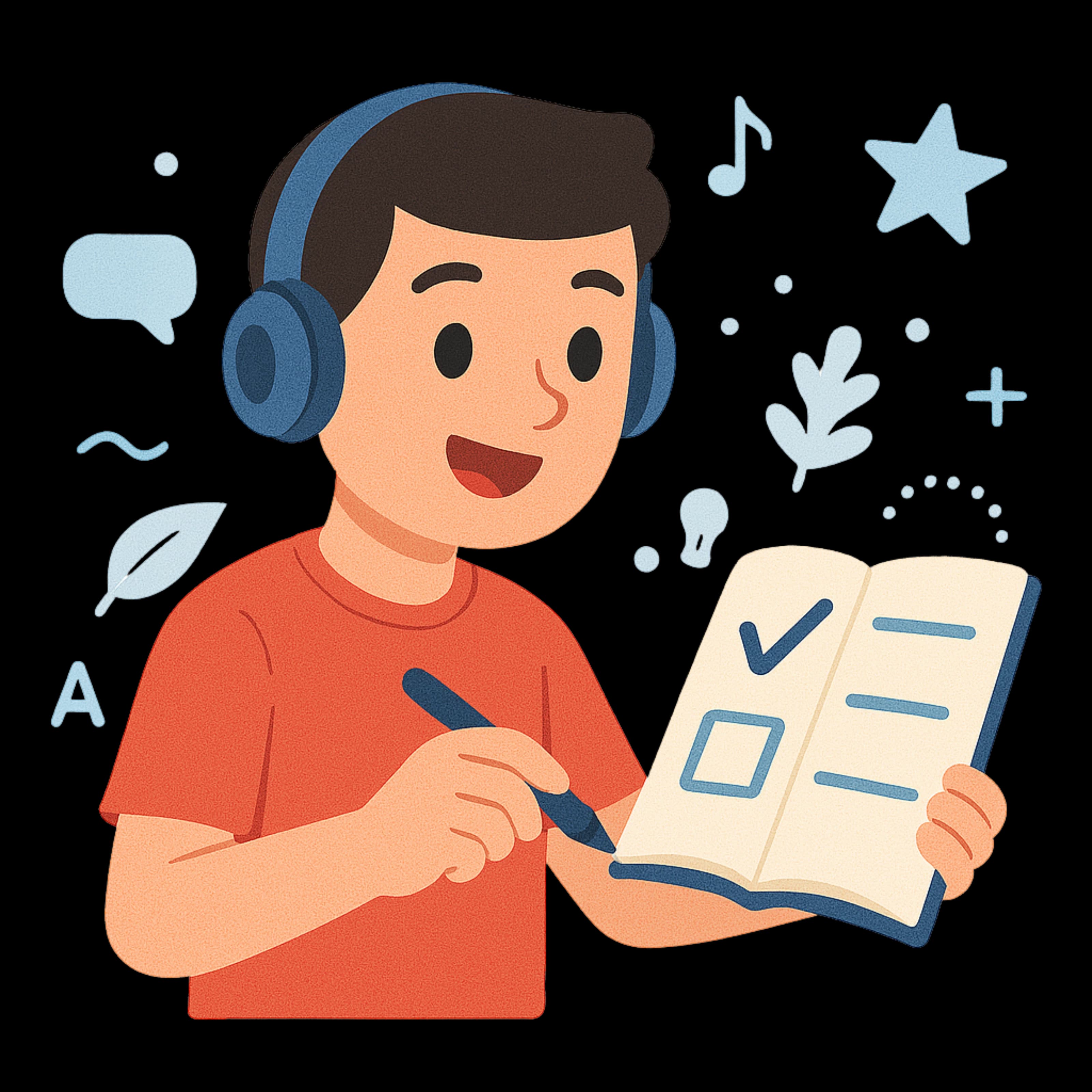 Ilustração de um menino marcando uma checklist representando progresso no aprendizado