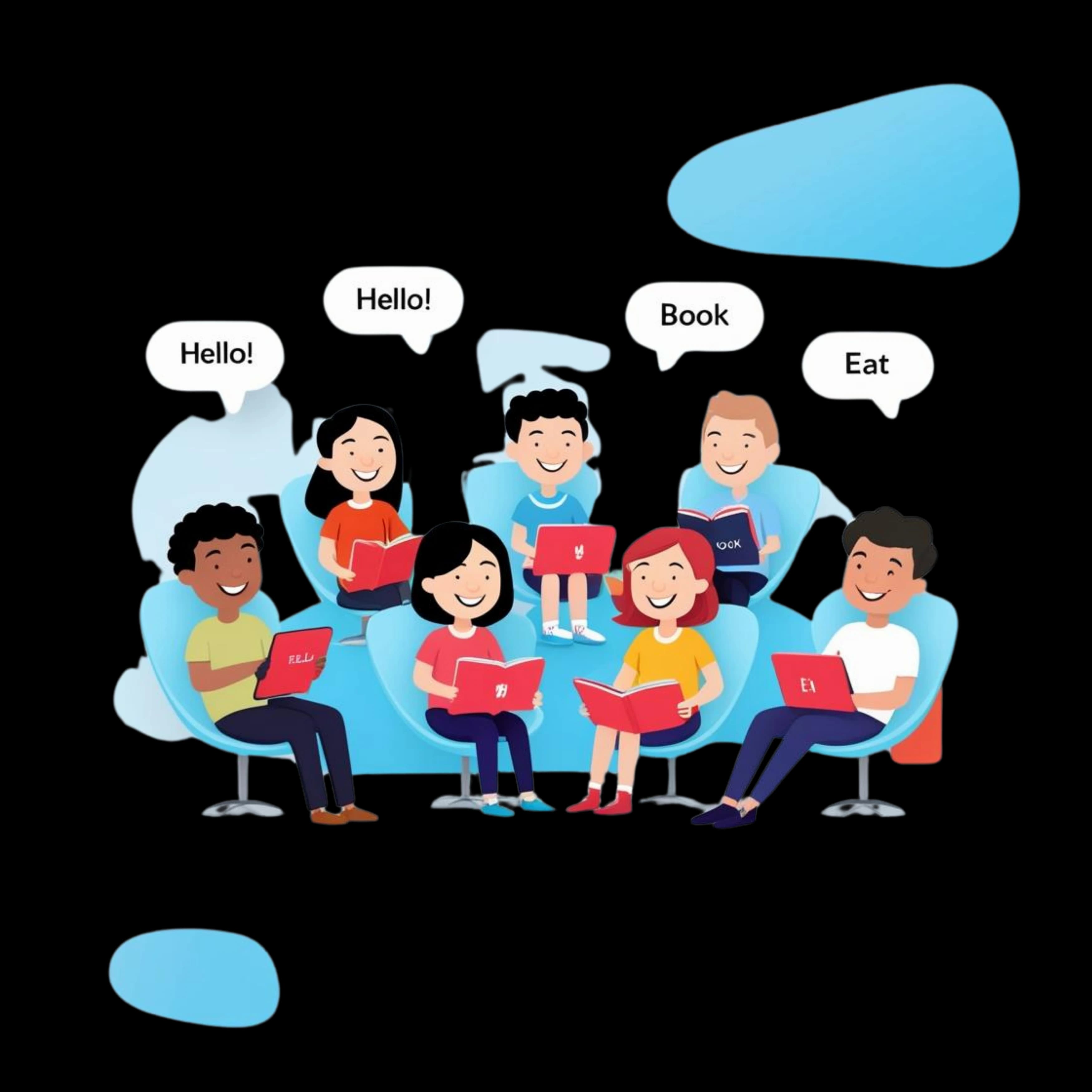 Vários pessoas com livros estudando ingles